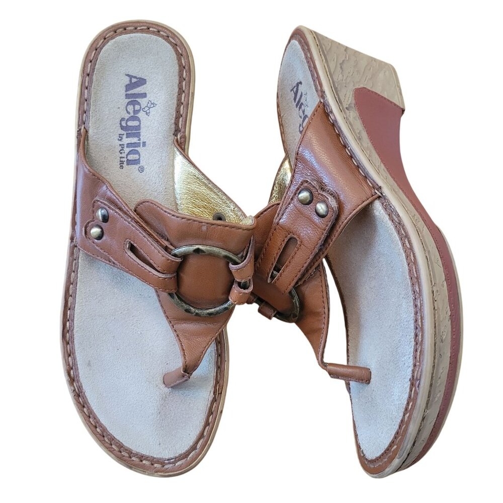 Alegria Leather Thong Sandals 6 6.5 Brown Comfort Slides LOLA Wedge LOL 117